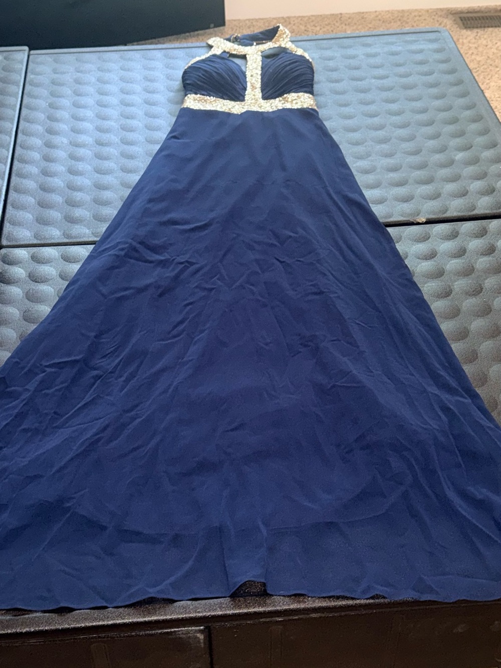 Navy Backless Evening Gown with Gold Beaded Accents